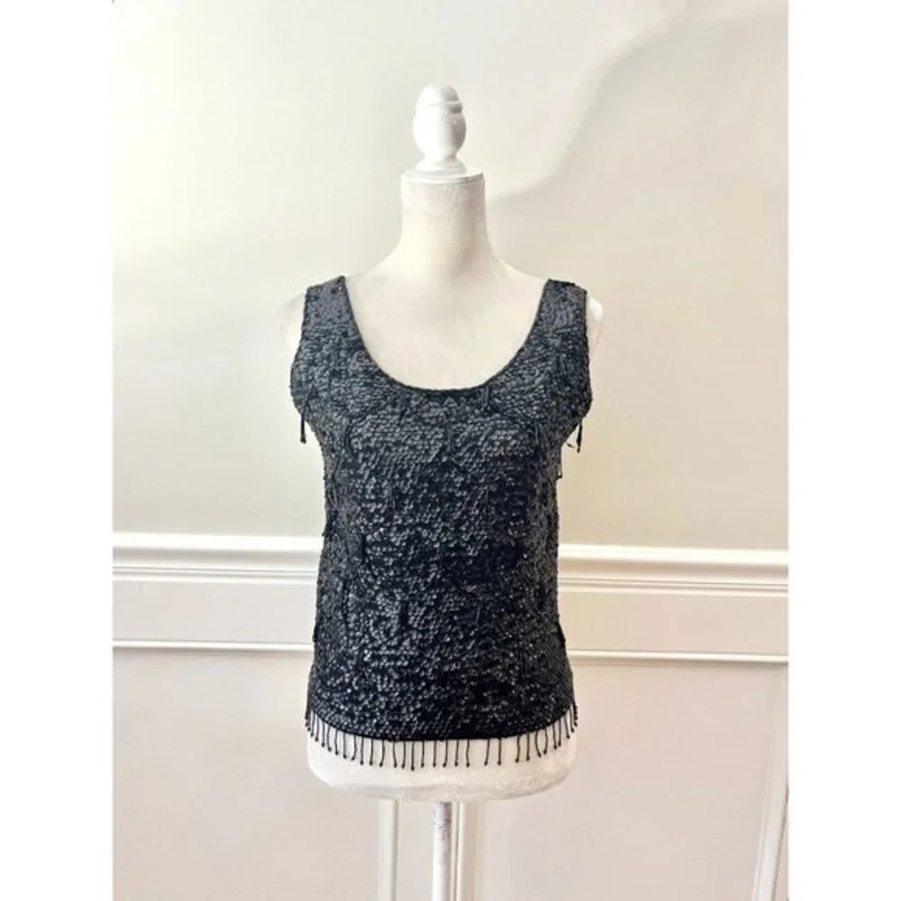 Vintage Black Wool Beaded Embellished Top Shell S